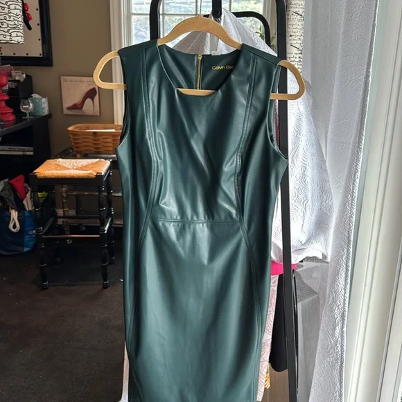 Calvin Klein | Dresses | Calvin Klein Hunter Green Dress Faux Leather Gold Zipper In Back | Poshmark Calvin Klein | Dresses | Calvin Klein Hunter Green Dress Faux Leather Gold Zipper In Back | Poshmark